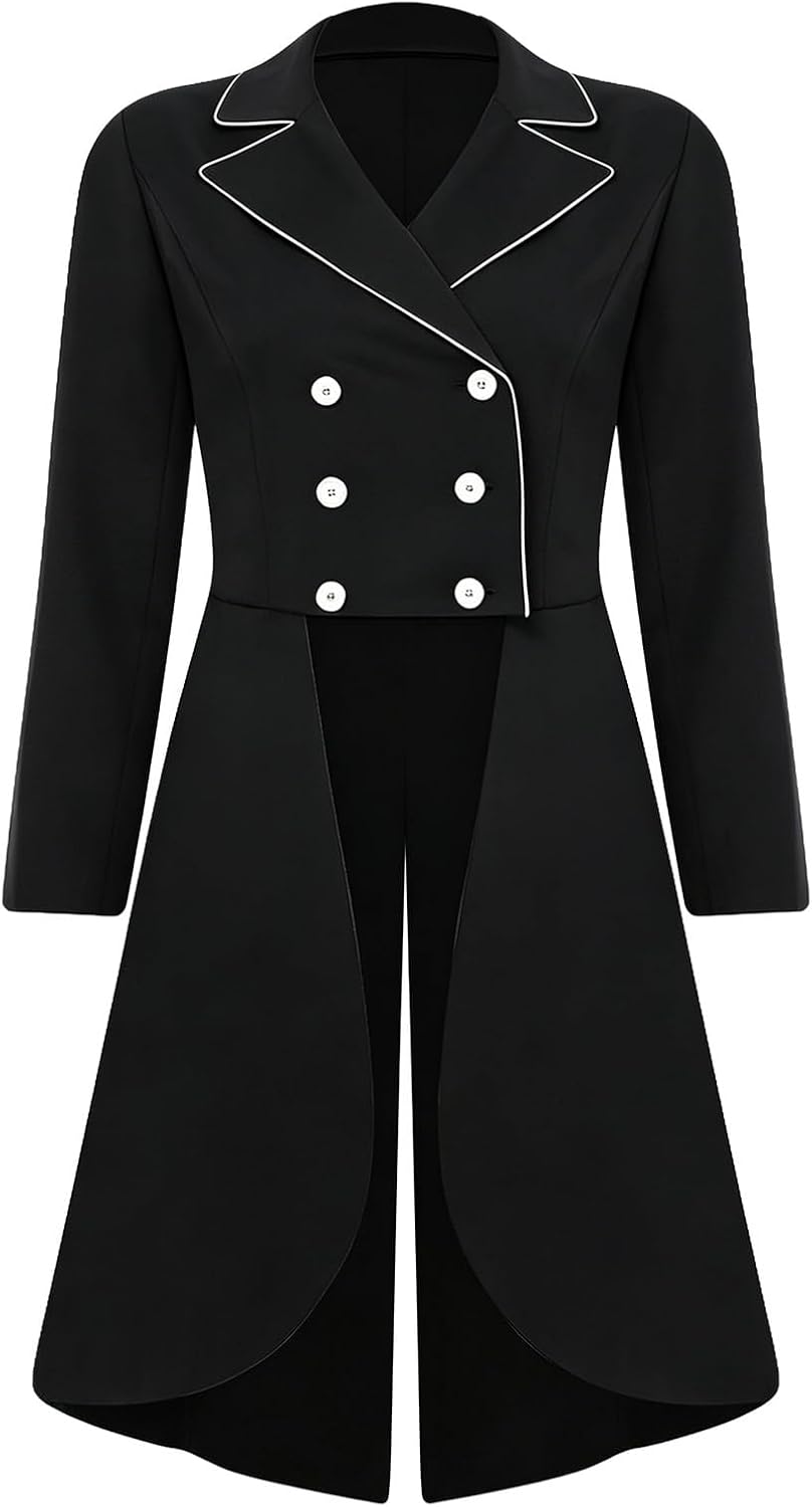 Kaerm Women Long Tailcoat Training Wear Swallow Tail Coat Workout Jacket Double Breast Contrast Trim Outerwear