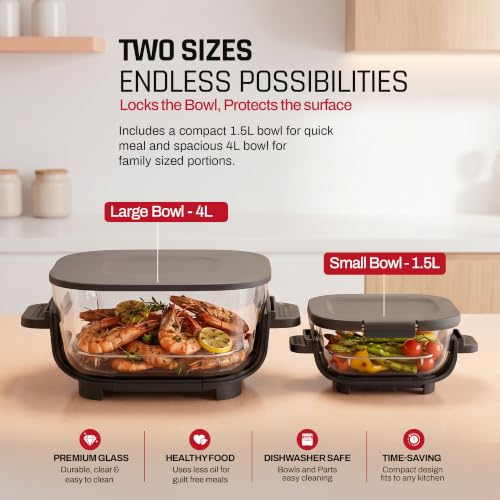 Image of Domestica Lumera Air Fryer Oven with CarbonHeat Pro | Lumi Glass Air Fryer | 4L+1.5L Dual Bowl | BaseGuard| 5 in 1 Grill, Airfry, Bake, Roast, Reheat | 100% Toxin Free - No PFAS, PTFE, PFOA | 1550W