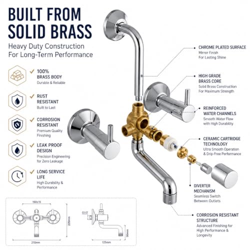 Image of iRiS 2 In 1 Brass Wall Mixer with provision for Overhead Shower and 125 mm Long Bend Pipe -Visible Hot /Cold