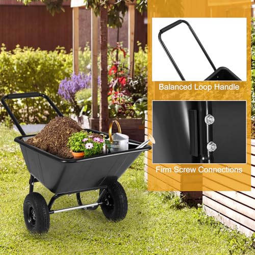 Image of Goplus 2 Wheel Wheelbarrow, 330 LBS Utility Garden Cart with 10 inch Pneumatic Tires & Handle, 21 Gal Volume, Yard Dump Cart Wheel Barrow, Heavy Duty Wheel Barrow for Lawn (Black Handle+Black Cart)