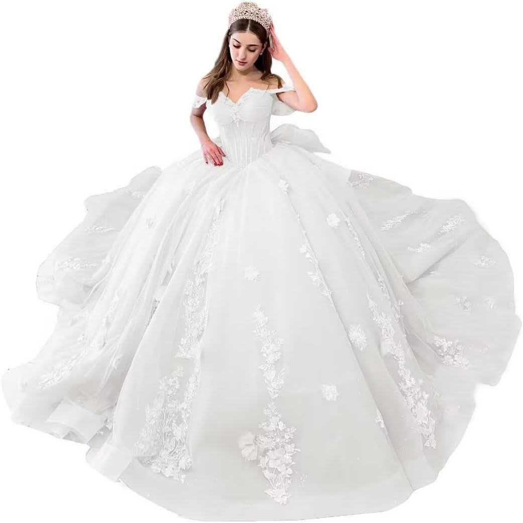 Yifanier Sweetheart Ball Gown Tulle Lace Dress 3D Flower Quinceanera Dress Off Shoulder 15 16 Quinceanera Dress MT011 Ivory