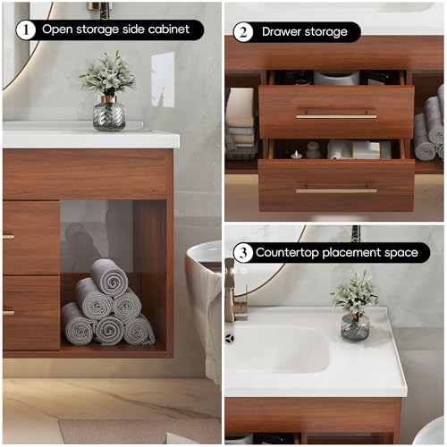 KEIKI 35.4" Mid-Century Modern Single Bathroom Vanity Integrated Ceramic Undermount Sink, Oak Freestanding Soft-Close Vanity Drawers & Door, Large Single Bath Storage Vanity Sink, Walnut by KEIKI - Image 4