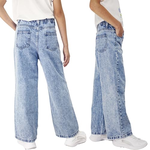 Girls Straight Leg Bootcut Ripped Baggy Jeans for 8-12 Y Old - Adjustable Stretch Waist Pull Up 5 Pockets Washed Denim Pants4