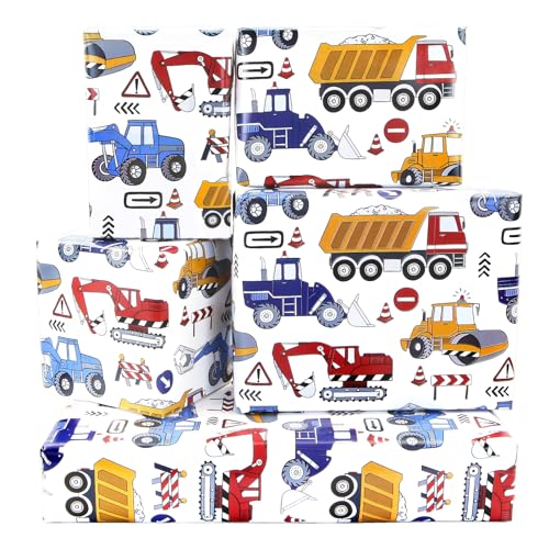 Construction Wrapping Paper, 6 Sheets Excavator Road Under Construction Diggers Tractors Bulldozers Dumper Trucks Wrapping Paper 50x70cm per Sheet for Kids Boys Little Builder Birthday Parties