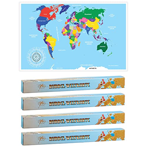 4er Set Rubbel Weltkarte 52x88 cm Deutsch in Colorbox Rubbelkarte Landkarte Poster XXL Länderkarte Rubbelweltkarte Cover