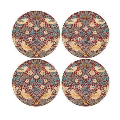 Image of Red Strawberry Thief Glass Coaster Set - William Morris Artwork Gifts - Set of Four (4) Round Drinks Coasters