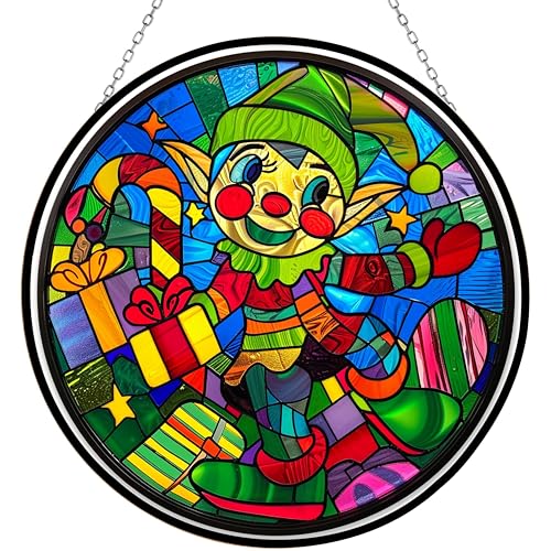 365CUSGIFTS Christmas Elf Stained Glass Window Hangings, Handcrafted Stained Glass Suncatchers, Gift for Cat Lovers Nature Lovers 12”x12” Mothers Day