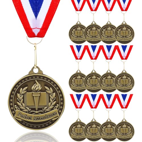 Loetere 12 Pack Perfect Attendance Medals 2 Inch Great Attendance Medal Trophy Award with Neck Ribbons Encouragement Awards Prime Prize for School Classroom Scholastic Academics Events