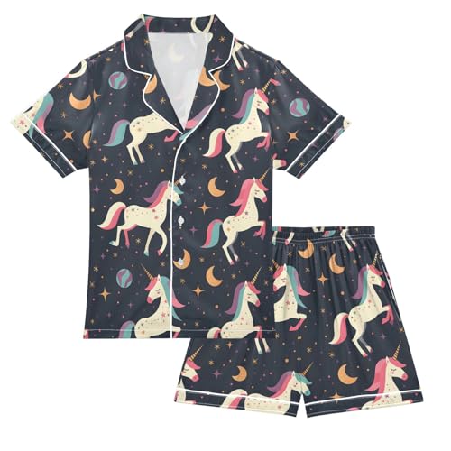 ALAZA Cute Unicorn Cosmic Moon Satin Pajamas Set Short Sleeve Button Down Sleepwear Summer Pjs 2 Piece