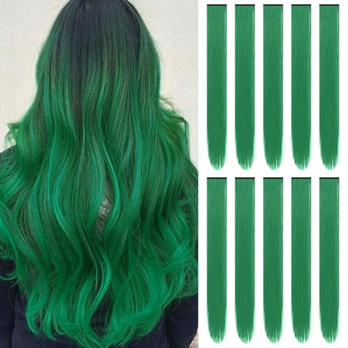 TOFAFA 22 inch Colored Hair Extensions Color Green Party Highlights Clip in Synthetic Hair Extensions Colorful Long Straight Hairpieces for Girls Women Favor Gift(10 PCS Dark Green)