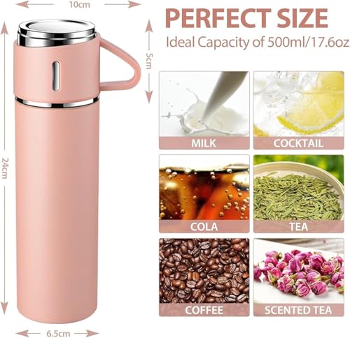 Image of Xanthos-500 ml Stainless Steel Vacuum Insulated Flask with Cup & Handle, Double Wall Hot & Cold Water Bottle, Thermos for Tea Coffee, Travel Bottle for Office, Home & Outdoor (Pastel Pink)
