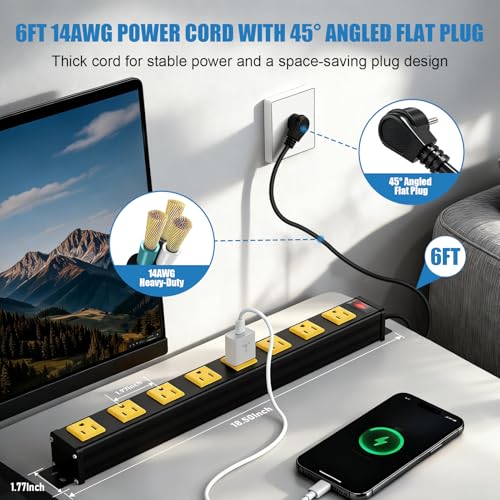 Image of 8 Outlet Wall Mount Metal Power Strip, 1.97 Inch Wide Spacing Flat Plug, 6FT 14AWG Extension Cord with Switch, 15A 1875W ETL Listed for Garage, Workshop, Home