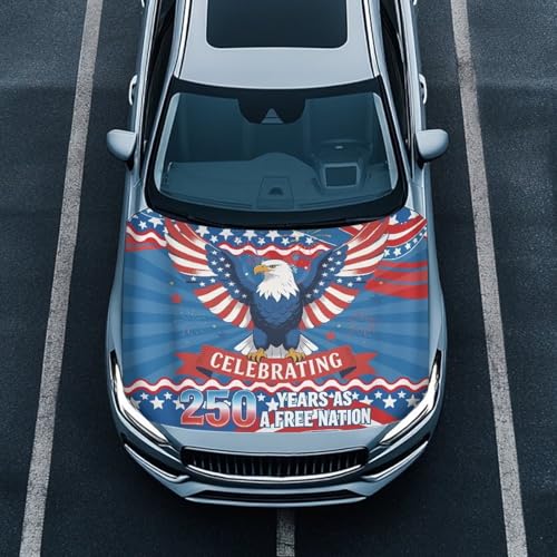 Image of Bald Eagle Car Hood Covers for Automobiles, 250th American Flag Elastic Fabric for Car Hood Decoration and Protection, USA Anniversary Auto Accessories