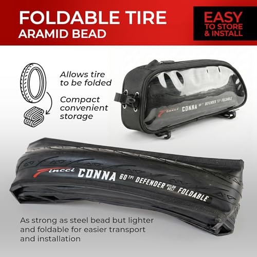 Fincci 700x25c Tire – Road Bike Tires 25-622 with 1 mm Nylon Anti Puncture – Black 700c Bike Tire Puncture Proof with Kevlar for Racing, Hybrid, Folding Bicycles – Flatless Bike Tires 28 inch