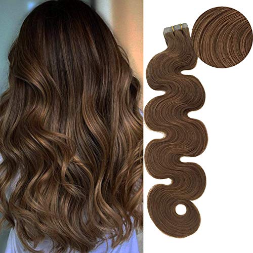 Long Human Hair Extensions Wavy Tape in Brown Virgin Hair 22" Brazilian Tape in Body Wave Hair Extensions Natural Human Hair 20pcs/60g