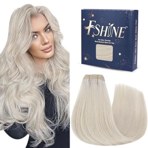 Fshine Real Human Hair Weft Extensions,18 Inch 100 g,Straight Invisible,Color 1000 White Blonde,Flexible for Any Hairstyle Reusable Hair,Bridal Style for Women