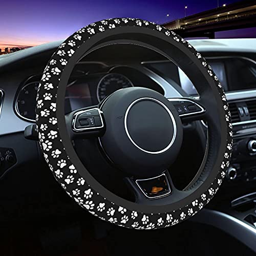 Cute Black White Paw Steering Wheel Cover for Women Men, Universal Car Accessories Fit 15 Inch