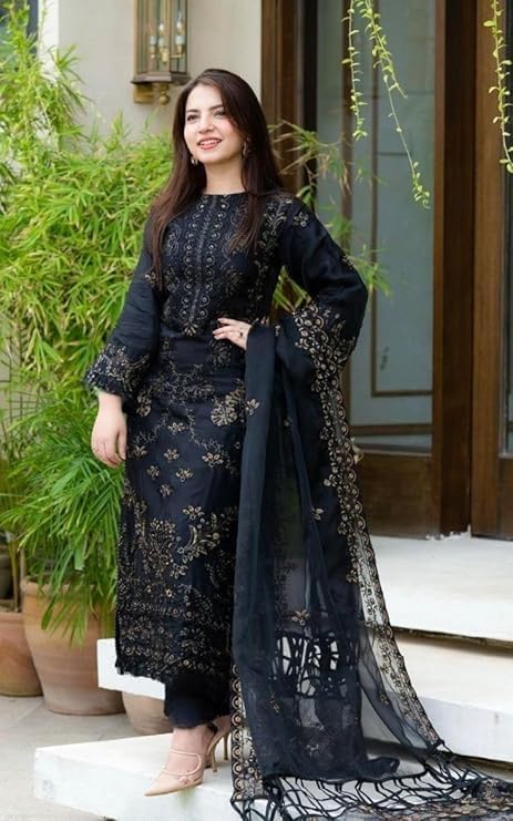 Image of ROYALICA Women's Black Embroidered Georgette Pakistani Suit Set with