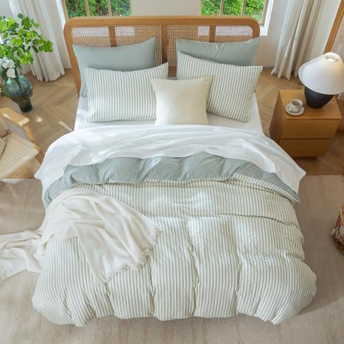 Image of Green Striped Comforter Set Queen - 3 Pieces Bedding Comforter Set for All Season, Soft Lightweight Washed Microfiber, 1 Striped Comforter and 2 Pillowcases (Green, Queen Size)