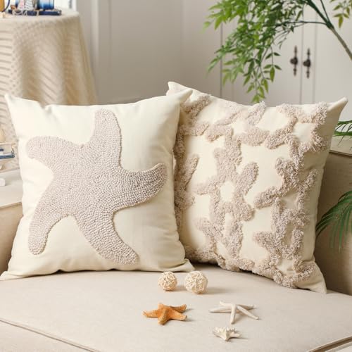 Moucuny 2 Pcs Starfish Pillow Covers 18x18 Embroidery Nautical Coastal