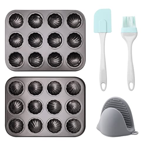 Siken 2Pack Nonstick Madeleine Pan,12-Cups Heavy Duty Scallop Round Baking Pan Cake Mold Black Crabon Steel Cookie Pans(1Spatula,1Brush,1Glove) (12Cupx2, Black) #TOP4