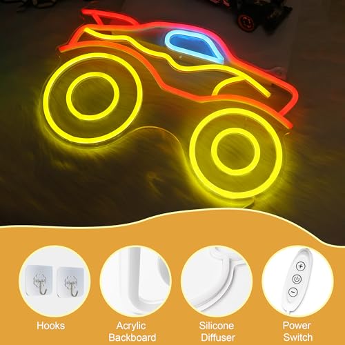 Image of CoolGift Mart Monster Truck Neon Light, Dimmable LED Truck Neon Wall Sign USB Powered with 4-Color Lights, for Bedroom Living Room Game Room Man Cave Home Birthday Gift for Boys Men
