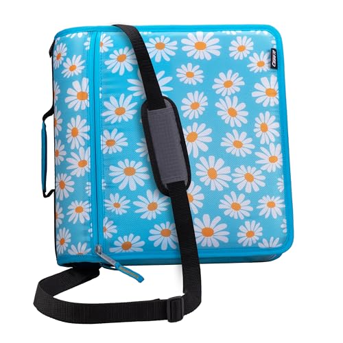 Case-it Mighty Zip Tab School Zipper Binder | 3-Inch O-Rings, 600-Sheet Capacity, 5-Subject Expanding File Folder, Multiple Pockets & Storage Organizer, Shoulder Strap | D-146 Light Blue Daisy