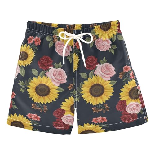 FLildon Dark Sunflowers and Roses Little Boys Swim Trunks with Mesh Lining Quick Dry Beach Board Shorts, 3T