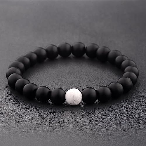 Image of Fashion Frill Stylish Couple Bracelets Black & White Red Natural Stone Onyx Stretchable Wrist Band Heart Magnetic Bracelet For Women Men Boys Girls Love Gifts Friendship Promise Bracelets