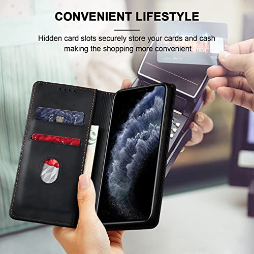 Image of Jasonyu Flip Wallet Case for iPhone 11 Pro Max,Leather Magnetic Folio Cover with Card Holder,Kickstand - TPU Shockproof Durable Protective Phone Case,Black