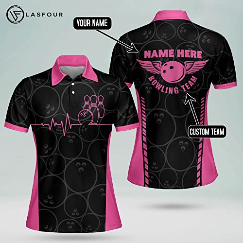 Lasfour Personalized 3D Retro Bowling Team Shirts For Women, Custom Quick-Dry Bowling Shirts Short Sleeve Polo For Girls, Funny Heartbeat Pulse Line Pink Bowling Shirts For Women #TOP5