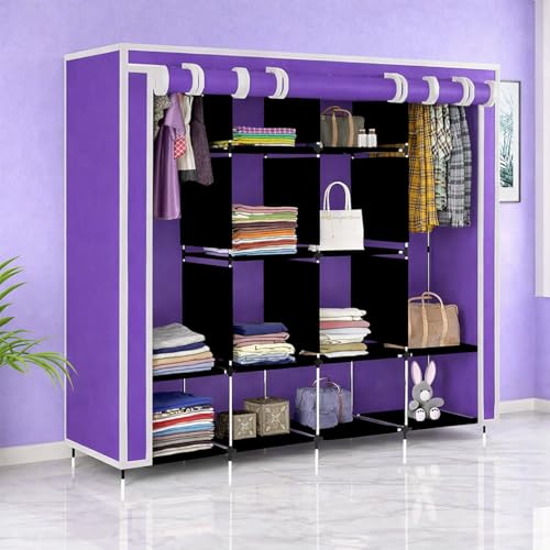 Image of 12-Shelf Collapsible Wardrobe - Portable Foldable Purple Almirah with Plastic Frame, Fancy Layer Rack for Clothes Organizer (Model 88370)
