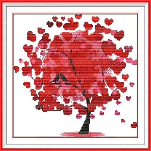 Kit point de croix débutant ABEUTY broderie pré-imprimée 11 CT motif arbre cœur rouge
