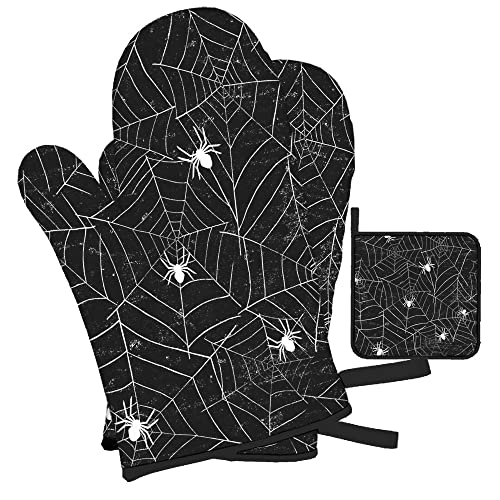 Mxocom Spiderwebs Oven Mitts And Pot Holders Sets Of 3 Halloween Black And White Grunge Background Bbq Gloves For Kitchen,Cooking,Baking,Grilling Resistant Hot Pads For Women #TOP1