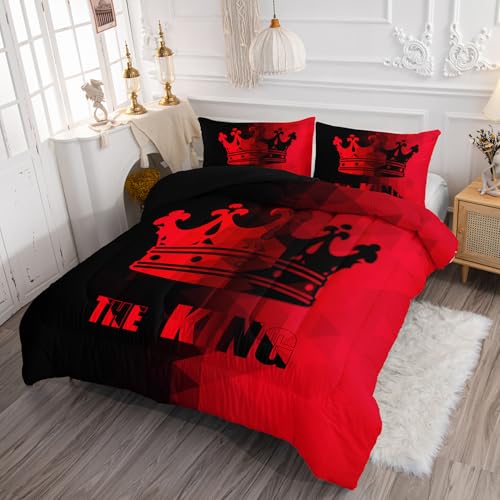 Image of Crown Comforter Set Black and Red Gradient Art Printed Bedding Set with 1 Comforter and 2 Pillowcases for Boys and Girls Bedroom All Season(Crown-2 Queen)