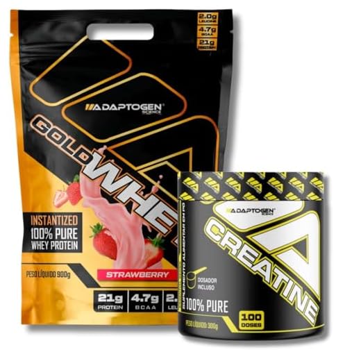 Kit Gold Whey Concentrado 900g Refil Sabor: Strawberry (Morango) + Creatine (Creatina) 300g - Adaptogen | Whey Protein | Kit Whey + Creatina 300g | Creatina 100% Pure.