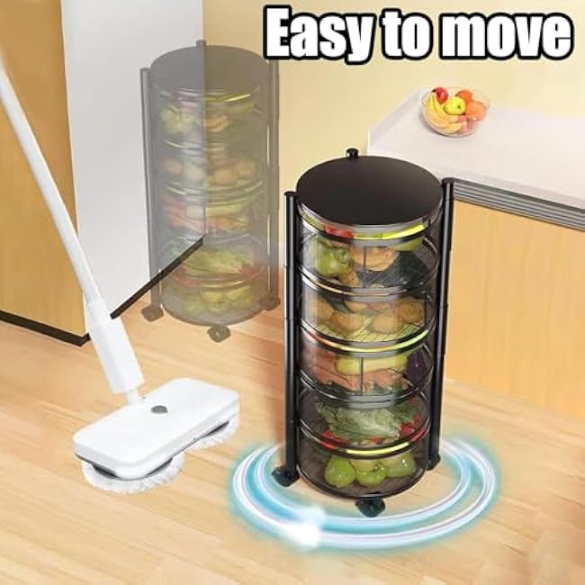 Rotating Fruit Basket Kitchen Storage Rack No Assembly, 3/4/5 Metal Circular Rotating Basket Tier Rolling Storage Cart for Kitchen/Garage/Bathroom(Black,3 Tier)-VfI0JS10