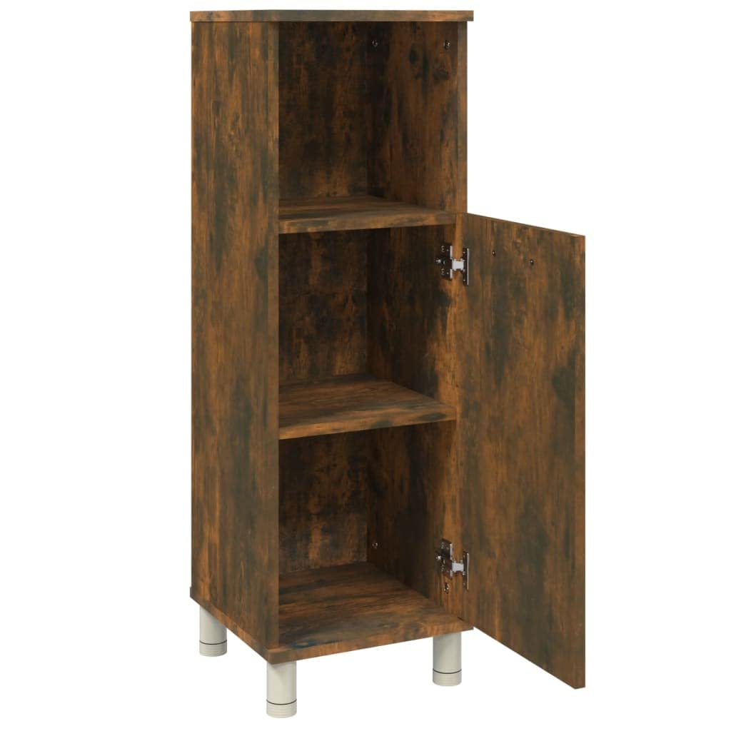 Armario de baño de roble ahumado de madera de 30 x 30 x 95 cm con 3 compartimentos y puerta, independiente, soporte alto, soporte de pared para baño, lavadero e inodoro de invitados