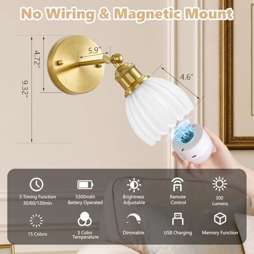 Image of Vintage Battery Operated Wall Sconce, White Tulip Glass Lampshade Wireless Rechargeable Battery Powered LED Wall Light with Remote Dimmable for Bedside Bedroom Doorway Living Room, Set of 2