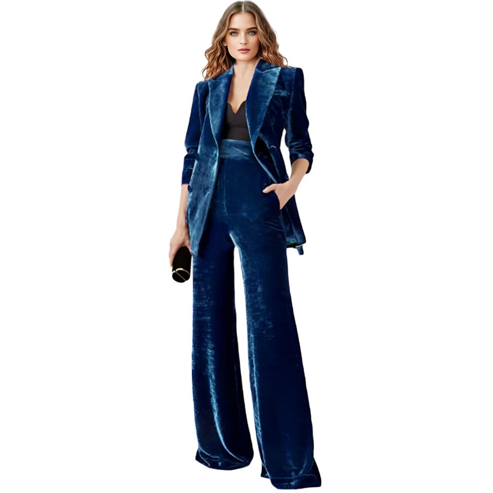 Womens 2 Piece Velvet Suit Office Business Ladies Trouser-Suit Peak Lapel Double Breasted Blazer and Pants Set