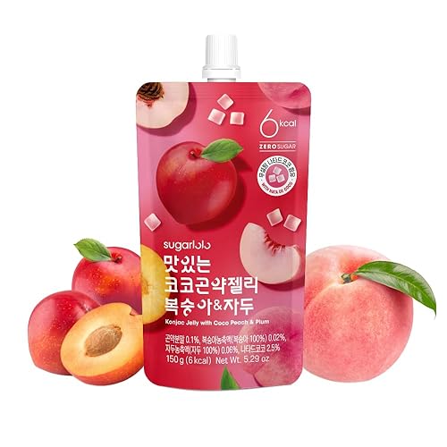 Sugarlolo Konjac Sweet Coco Peach & Plum Jelly Snack - Vegan Healthy Drinkable Jello, Sugar Free | 4 Calories per Pouch | Low Calorie Korean Fruit Snacks 5.29 Oz (150g) | 10 Pack - Coco Peach & Plum