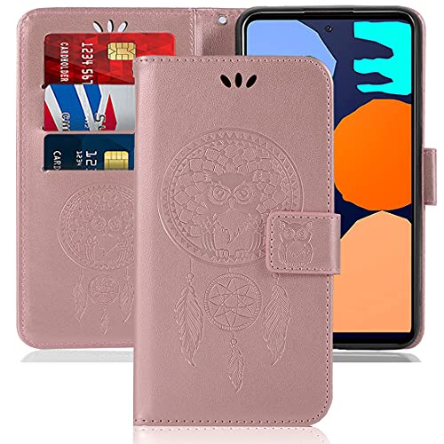 sidande Case for Galaxy A72 5G, Samsung A72 4G Wallet Case with Card Holder, [Wrist Strap] Owl Premium PU Leather Flip Phone Case Cover for Samsung Galaxy A72 (Rose Gold)