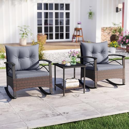 Image of Tangkula 3 Pieces Wicker Outdoor Rocking Chairs Set | Heavy Duty Cushioned Rattan Patio Rocker Bistro Set, 2-Tier Side Table w / Acacia Wood Tabletop, for Porch Balcony Backyard