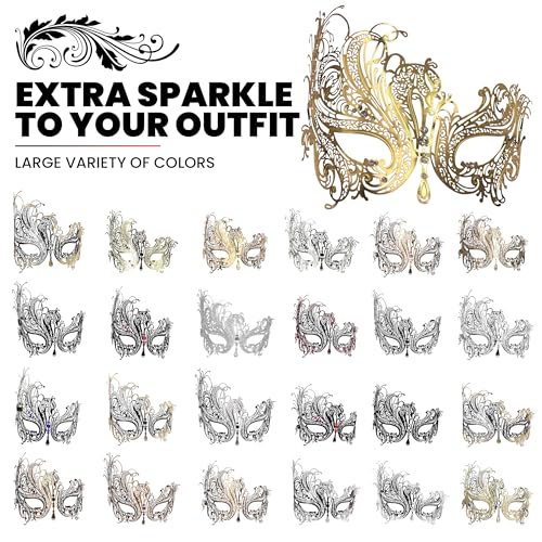 Image of Metal Filigree Masquerade Mask for Women - Swan Style Mask with Rhinestones for Mardi Gras, Prom, Halloween & Venetian Party