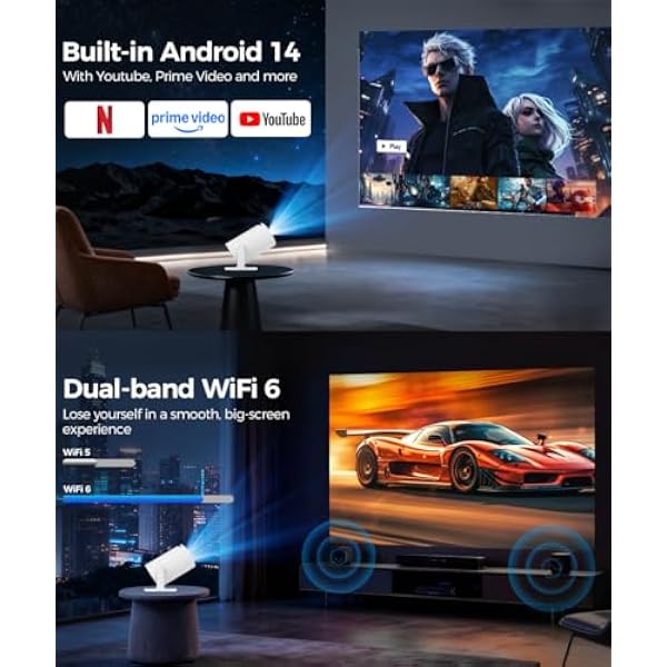 Мини-проектор с поддержкой 4K, умный проектор 5G WiFi 6 BT 5.4, мини-проектор Full HD 1080P с поддержкой 200ANSI 8000L автоматической коррекции горизонтальных трапецеидальных искажений (белый)