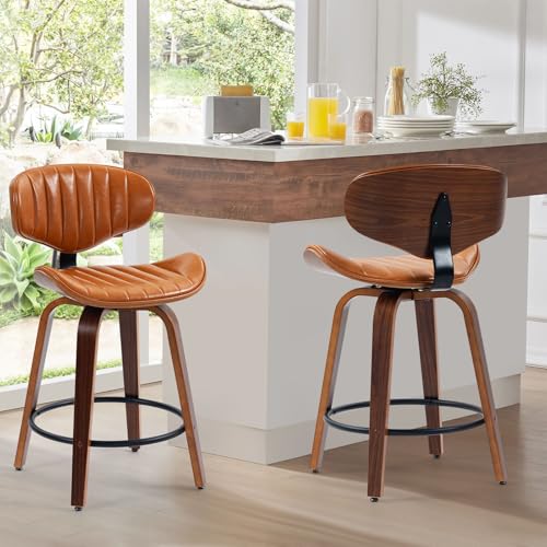 Butacos Giratorios de Barra, Juego de 2, Altura para Encimera, Asiento de Cuero Sintético PU y Estructura de Madera Curvada, con Reposacabezas y Reposapiés, Estilo Moderno, Color Marrón miniatura 1