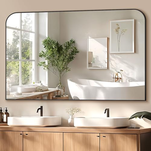 Image of Bathroom Mirror, Wall Mirrors, Black Metal Framed Wall-Mounted Mirrors, Bathroom Vanity Mirror for Over Sink, Living Room, Bedroom, Entryway, 48x32 Inch, Black