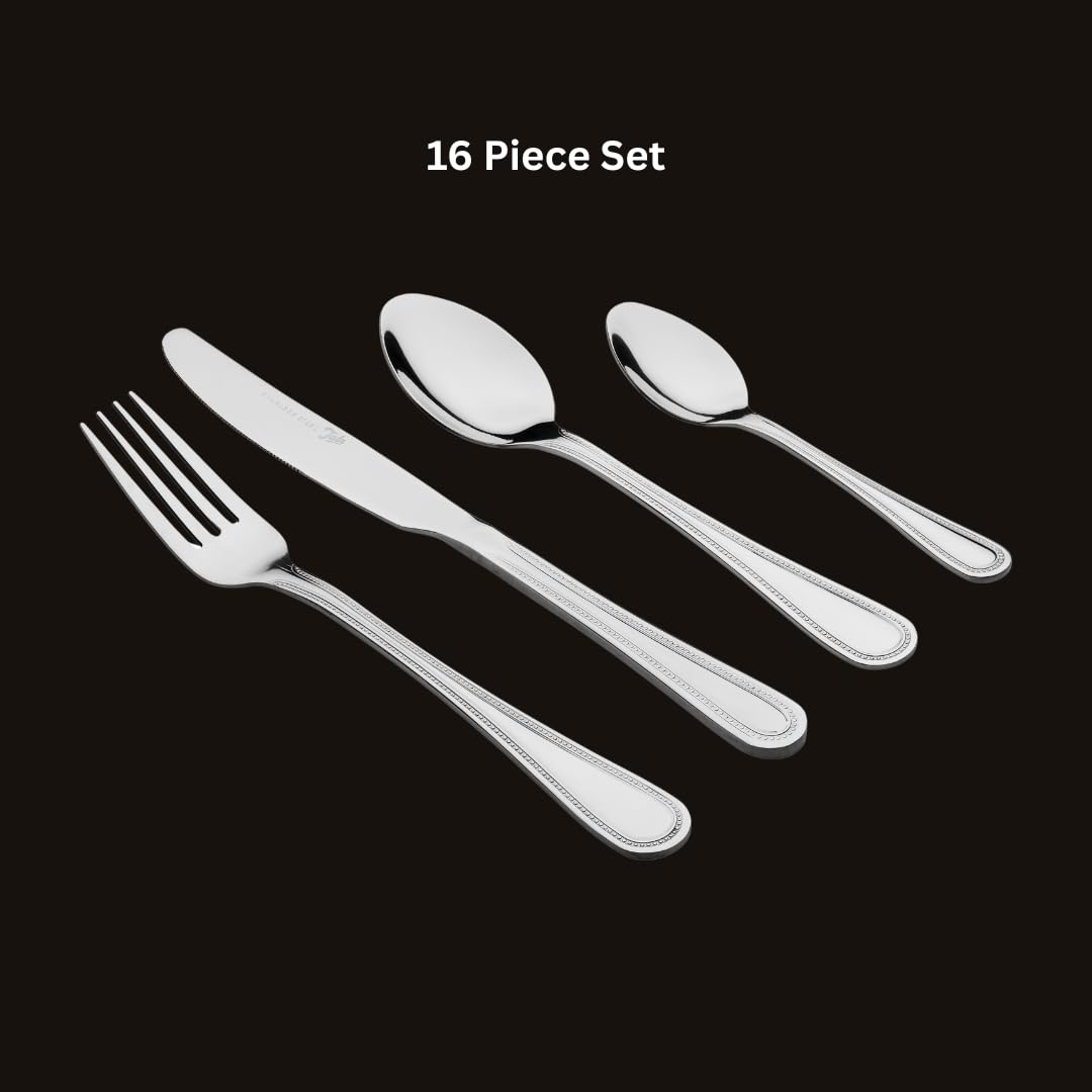 Tala El juego de cubiertos de acero inoxidable de 16 piezas incluye 4 cuchillos, 4 tenedores, 4 cucharas de postre y 4 cucharaditas, diseño pulido de borde de cuentas de acero inoxidable 18/10 de alta
