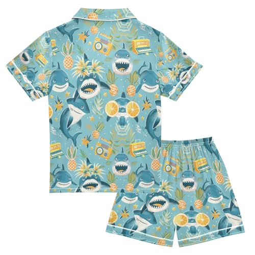 senya Pineapple Shark Satin Summer Pajama Sets Silk Short Sleeve Button Down Sleepwear2