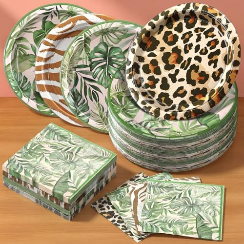 Image of Qinyoung 120pcs Safari Themed Plates Jungle Party Supplies Disposable Plates and Napkins Zoo Paper Tableware Set Baby Shower Decorations for Safari Picnic Wedding Tea Party